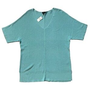 NWT Talbots Women L Teal Short Sleeve Pullover Textured V-Neck Tunic Sweater